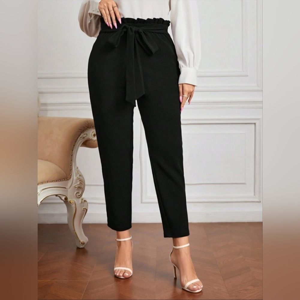 Shein 2 XL/16 Black Tie Belted Paperbag Waist Tapered Women's Pants